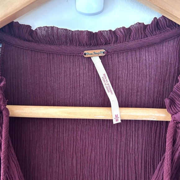 FREE PEOPLE Long Live Love Sheer Button-Down Blouse, Maroon Red - Picture 5 of 9